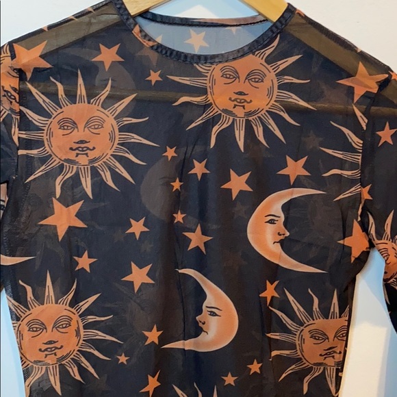 Sheer Black Top NEW Boho Sun Moon Stars Design - Picture 8 of 10